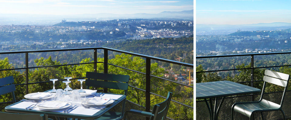 L'Ermitage Hôtel ★★★★ Cuisine à manger - Pause avec vue panoramique sur Lyon et ses Monts d’Or. - Région de Lyon, France
